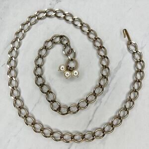 Gold Tone Faux Pearl Charm Chain Link Belt - XS Small (S) ✨